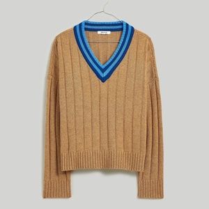 MADEWELL Tipped V-Neck Oversized Sweater in Heather Camel